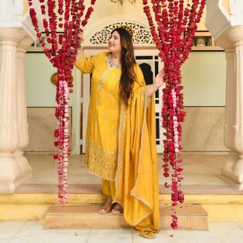 Heeriye- Yellow Mirror & Cutdana Embroidered Pure Tissue Silk Suit Set