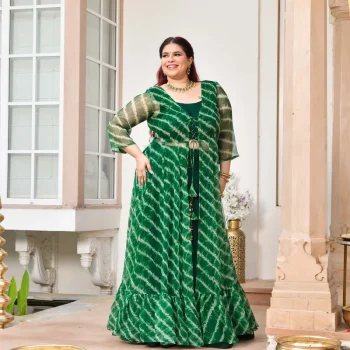 Morni- Dark Green Leheriya Chiffon Cape Set