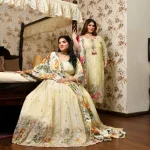 Tere Naina- Ivory & Gold Pure Cosmos Tissue Silk Applique Cutdana Embroidered Anarkali Set